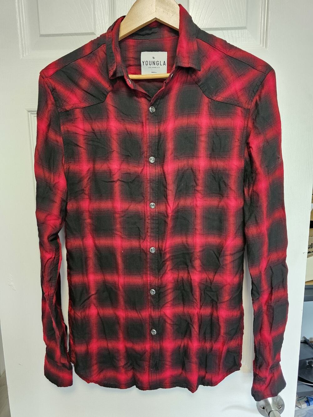 YoungLA Shirt Mens Small Red Black Plaid Flannel Button Up Pearl Snap Western